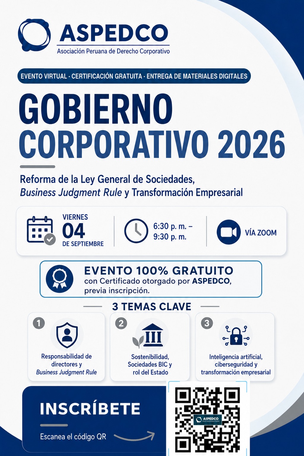Afiche completo del evento virtual gratuito Gobierno Corporativo 2026 de ASPEDCO