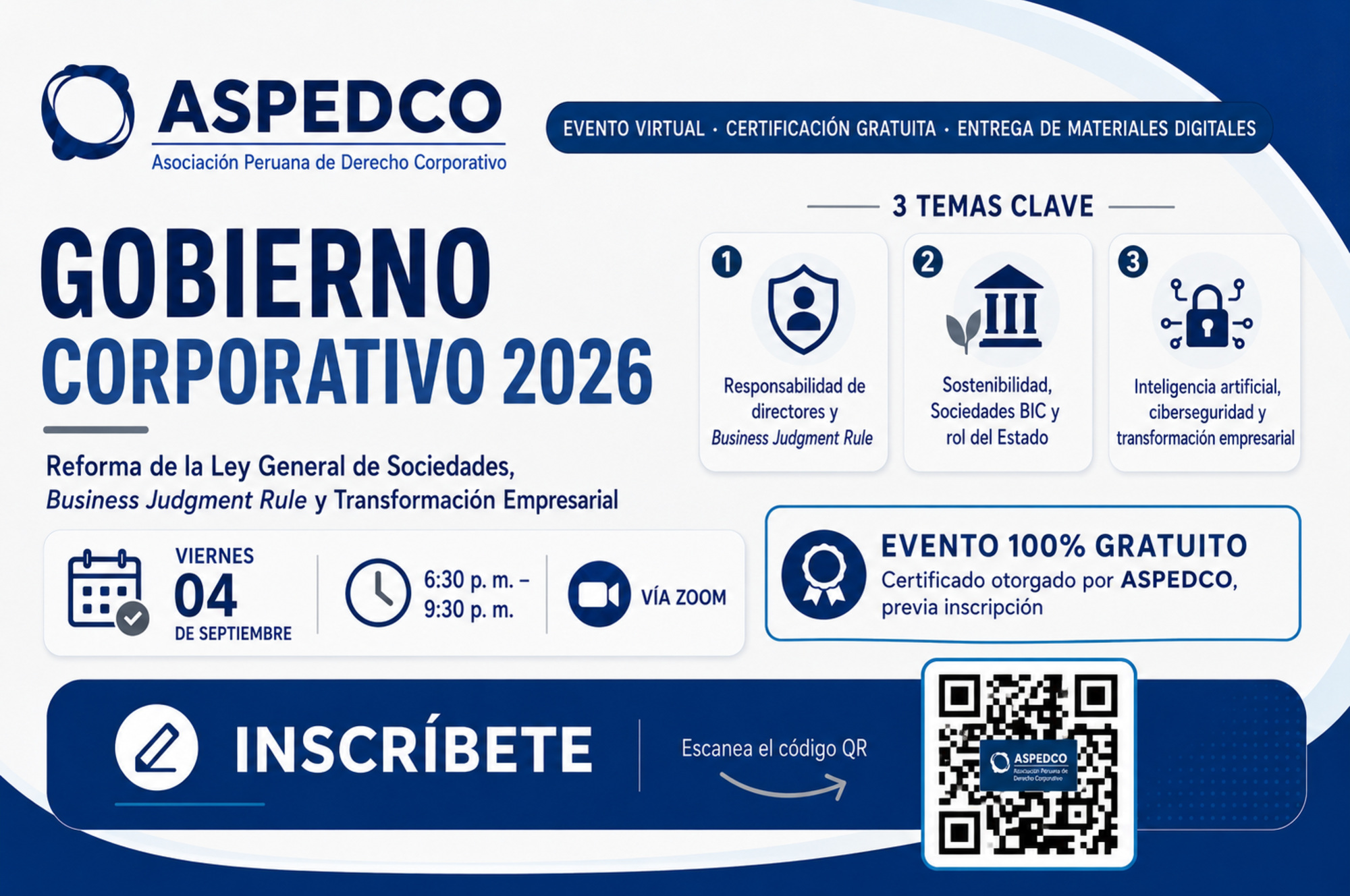 Afiche del evento virtual gratuito Gobierno Corporativo 2026, viernes 4 de septiembre de 6:30 p. m. a 9:30 p. m.